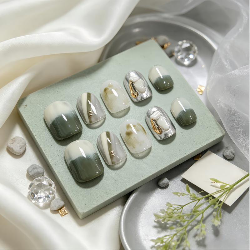 Two-tone gradient shell studded light luxury wearable nails, ins-style, purely handmade, simple short-length nail tips Two-tone gradient shell studded light luxury wearable nails, ins-style, purely handmade, simple short-length nail tips