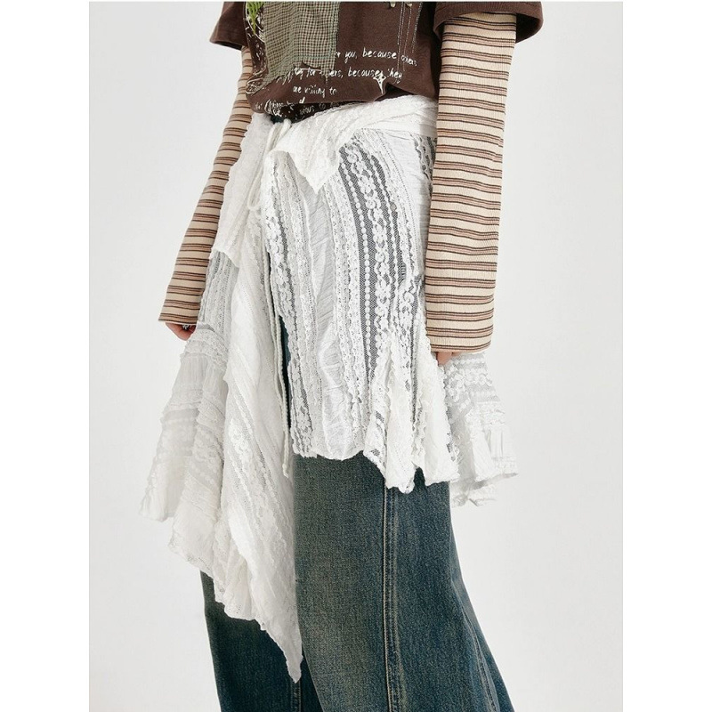 美式复古白色蕾丝不规则下摆屁帘女一片式绑带百搭叠穿