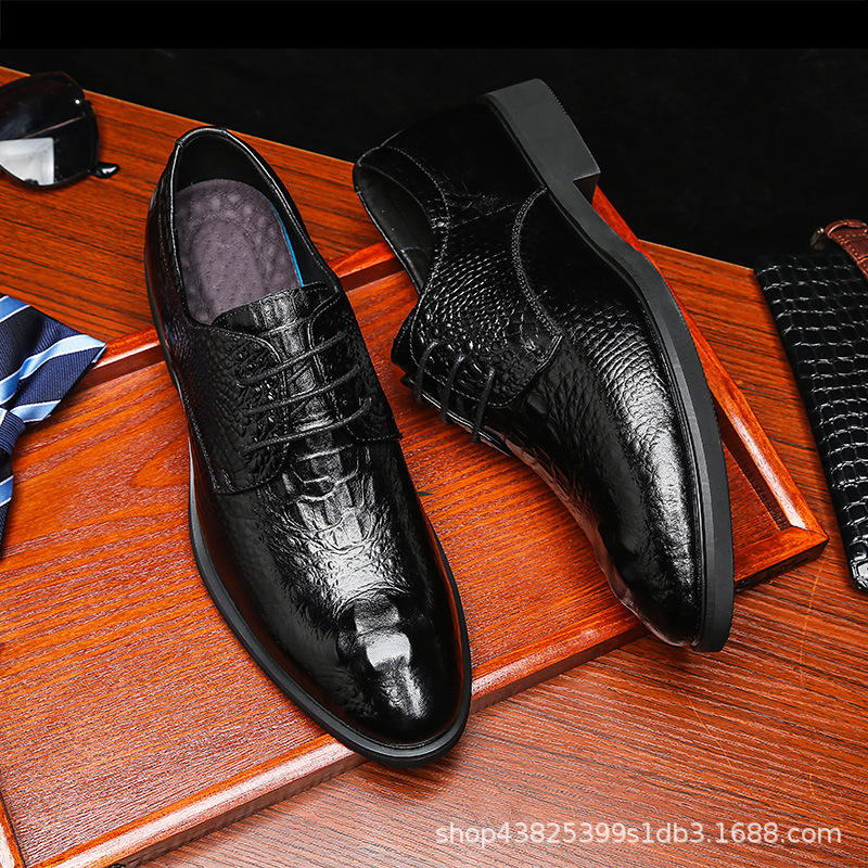 Leather Shoes Men's Genuine Leather Spring and Autumn Formal Business Men's Shoes Crocodile Pattern Wedding Groom's Shoes Men's British Derby Shoes