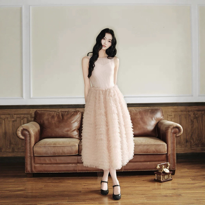 Avenement/Ballet Vest Cake Skirt Round Neck Mesh Dress Long Skirt Two-Piece Gauze Skirt Women's Summer