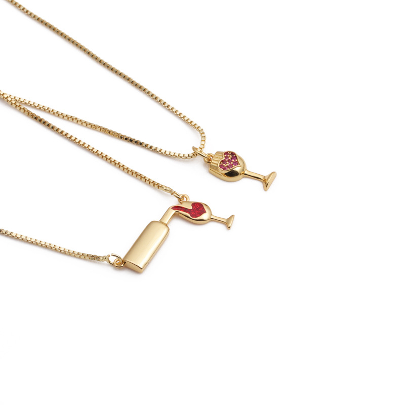 simple jewelry accessories copper plated real gold zircon wine bottle wine glass pendant necklace