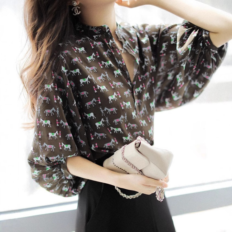 Junjia good goods S delivery Korean style elegant printed puff sleeve silk shirt Women's trendy 2022 summer new European Station