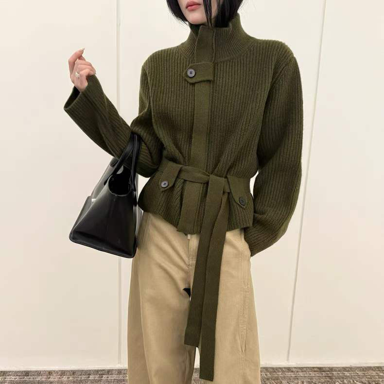 Stylish tie-waist stand-up collar knitted cardigan, 2026 autumn new women's loose and trendy sweater coat Stylish tie-waist stand-up collar knitted cardigan, 2026 autumn new women's loose and trendy sweater coat