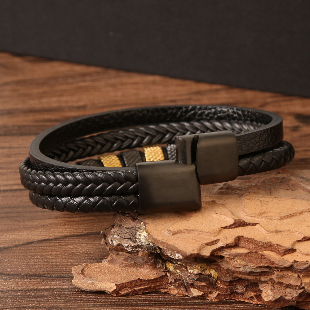 201 Stainless Steel Chain Material Beaded Chain Chain Type 1 Piece Quantity Ethnic Style Round Stainless Steel Pu Leather Polishing Braid 14K Gold Plated Water Plating Men'S Bangle Men Cord & Leather Bracelets