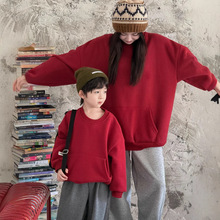 冬季加绒贴标口袋字母纯色百搭一家四口亲子圆领卫衣韩版亲子装