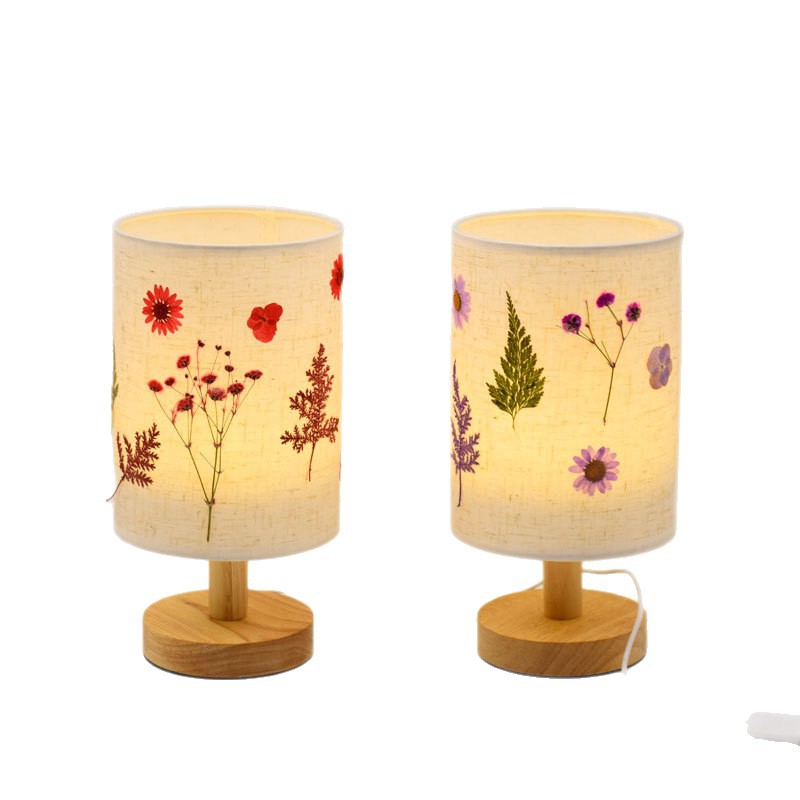 Lámpara de mesa pequeña de madera maciza con flores prensadas, plato pintado a mano DIY, actividades festivas, team building, flores secas y prensadas, USB, lino, estilo cubano