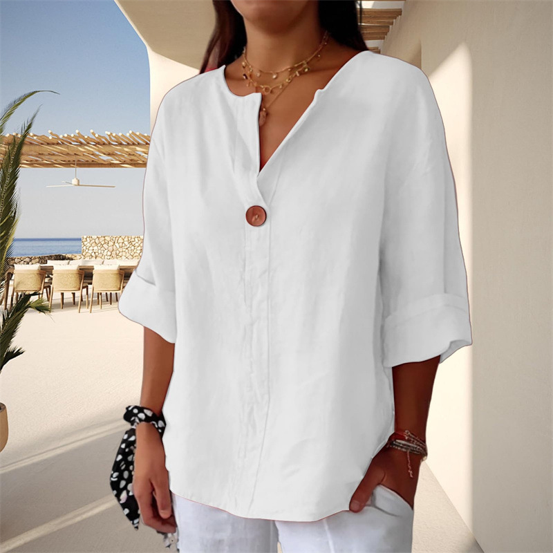 Women's Loose Fit V Neck 7/8 Sleeve Cotton Button Front Tunic Top – Casual Summer Blouse 2026_ecoleips.com