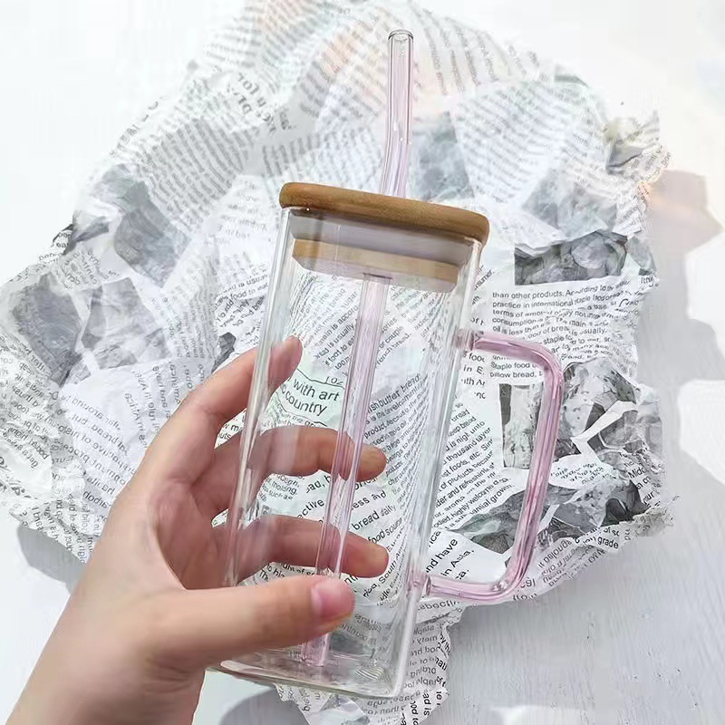 Taza de vidrio cuadrada con mango de color Taza de jugo de leche Taza para el hogar simple transparente Taza de agua de vidrio de borosilicato