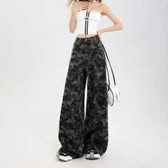 アメリカン迷彩柄ジーンズ レディース 秋物 ワイドレッグ ゆったり デニム 迷彩パンツ レディース ドレープ感 着痩せ効果 ハイウエストパンツ レディース