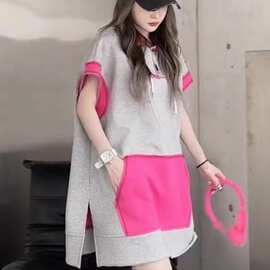 欧货潮牌宽松连帽卫衣短袖t恤女夏2024新款设计感撞色中长款上衣