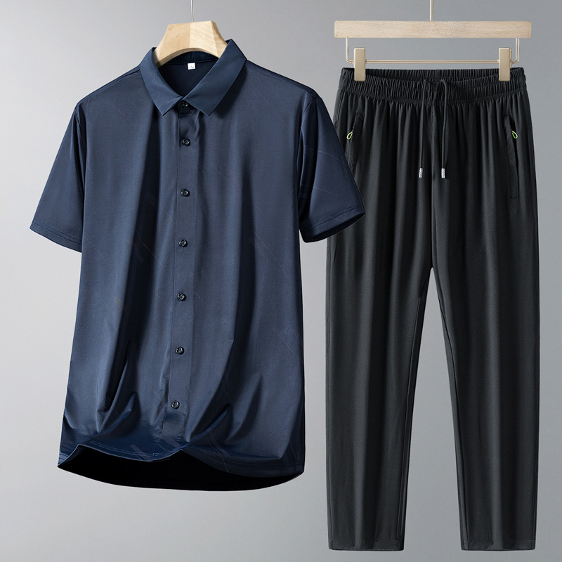 Papa de verano 2025 nuevo traje casual para hombre delgado cardigan de manga corta Polo cuello rayado de hielo dos piezas para hombre
