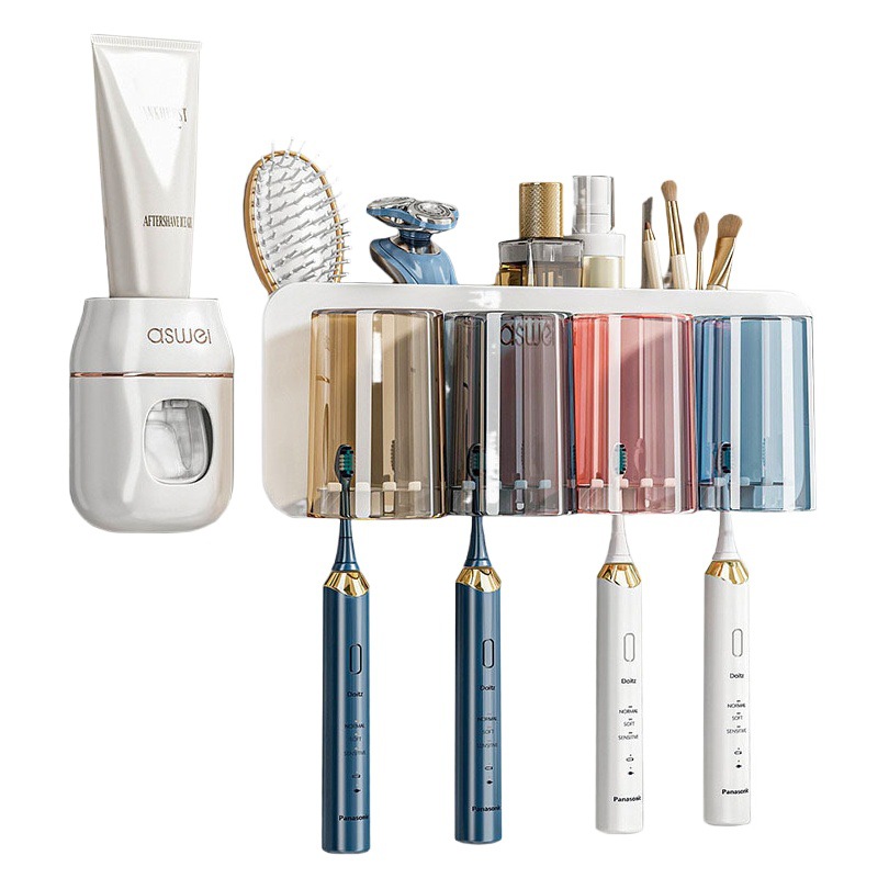 Estante de cepillo de dientes sin ponche taza de cepillo de dientes enjuague bucal Copa estante montado en la pared baño montado en la pared traje familiar eléctrico