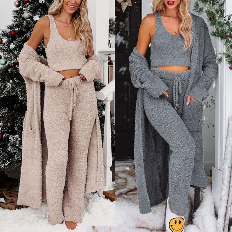 Solid Color Knitting Fleece Long Cardigan Sleeveless Vest Drawstring Trousers Three-Piece Set NSJRM111790