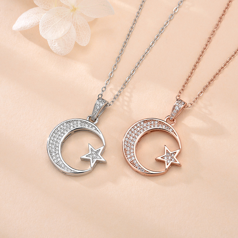 Transfronterizos Amazon plata 925 plata esterlina collar de estrella de luna de moda de verano ligera lujosa alta sensación colgante cadena clavícula