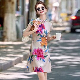 2025夏季新款时尚新中式女装旗袍连衣裙盘扣复古印花显瘦气质裙子