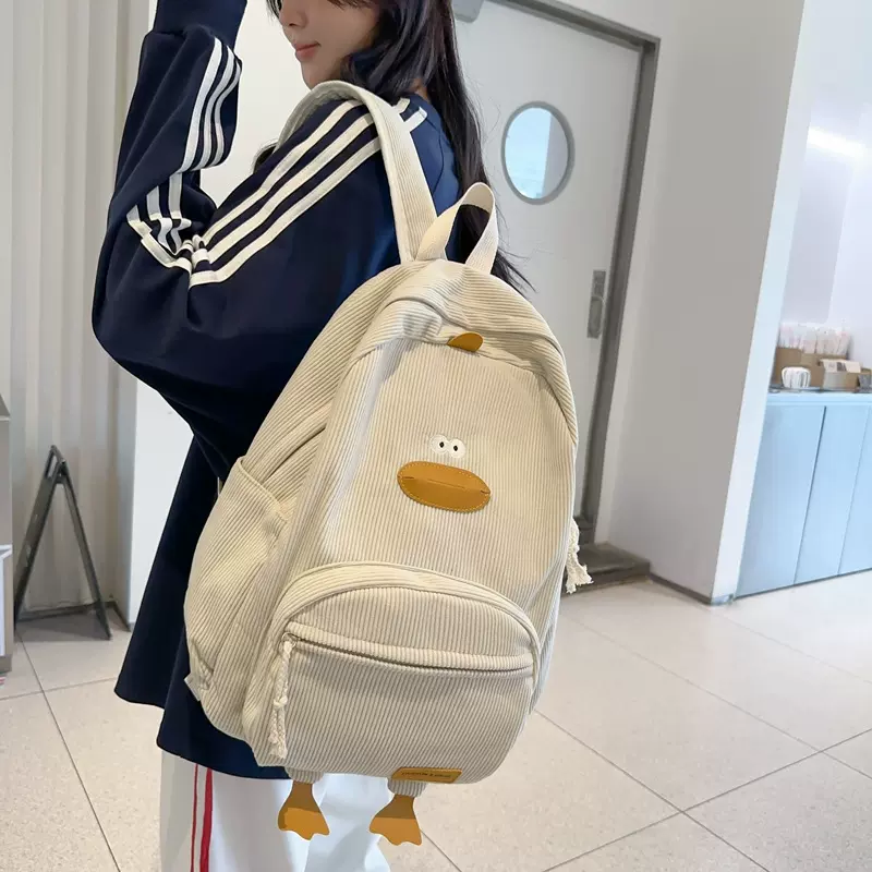 跨境卡通灯芯绒小鸭子书包女大学生百搭可爱高中韩版大容量双肩包
