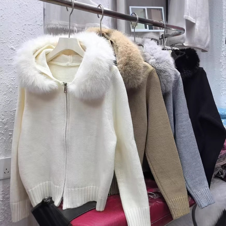 Cross-Border Korean Retro Autumn and Winter Knitted Cardigan for Women Loose Casual Versatile Long-Sleeved Fur Collar Hooded Sweater Jacket for Women