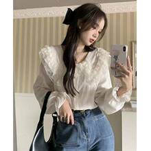 女士衬衫春季设计感小众蕾丝娃娃领长袖时尚洋气时髦别致漂亮上衣