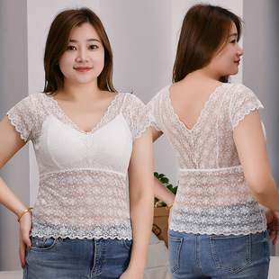 Summer Lace Short-Sleeved Tops for Women with Breast Pads, Plus-Size Casual T-Shirts, Slim-Fitting Bottoming Vests