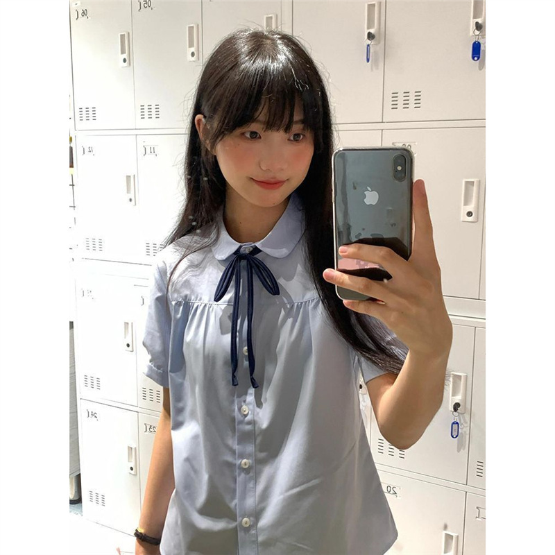 College Style Blue Doll Collar Shirt for Women Summer New Design Japanese Style Sweet Girl Petite Jk Top Uniform College Style Blue Doll Collar Shirt for Women Summer New Design Japanese Style Sweet Girl Petite Jk Top Uniform