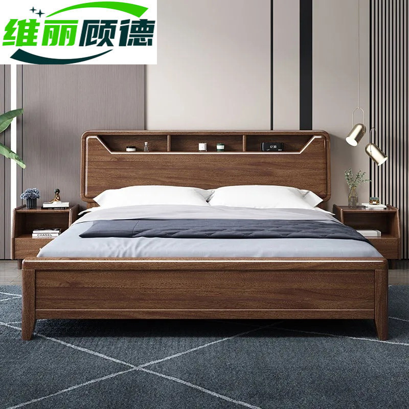 Walnut bed solid wood bed 2 meters wide by 2 meters 2 extra large bed 200×220 double master bedroom new Chinese style wedding bed frame