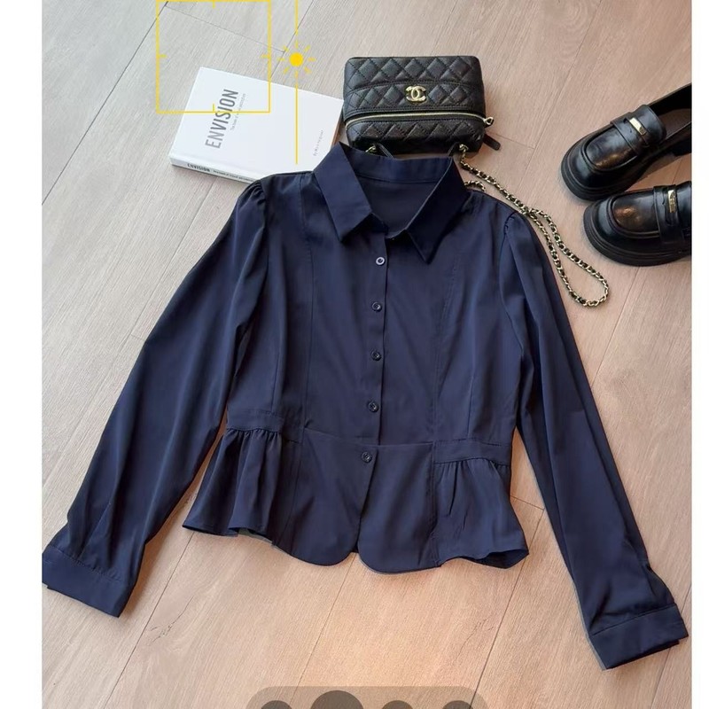 法式优雅翻领秋季压褶外套修身荷叶边下摆长袖女衬衫白色咖啡色|undefined
