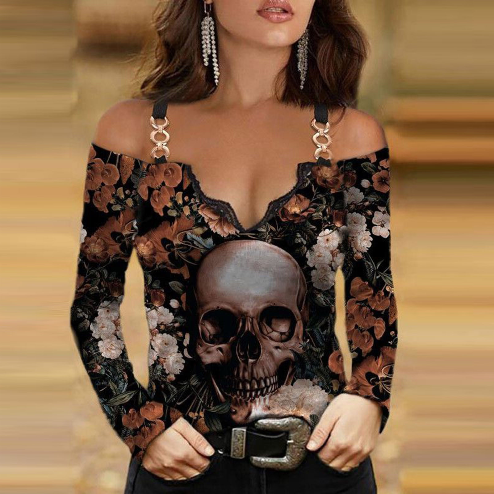 Women's T-shirt Long Sleeve T-shirts Printing Lace Sexy Human Rose Skull display picture 1