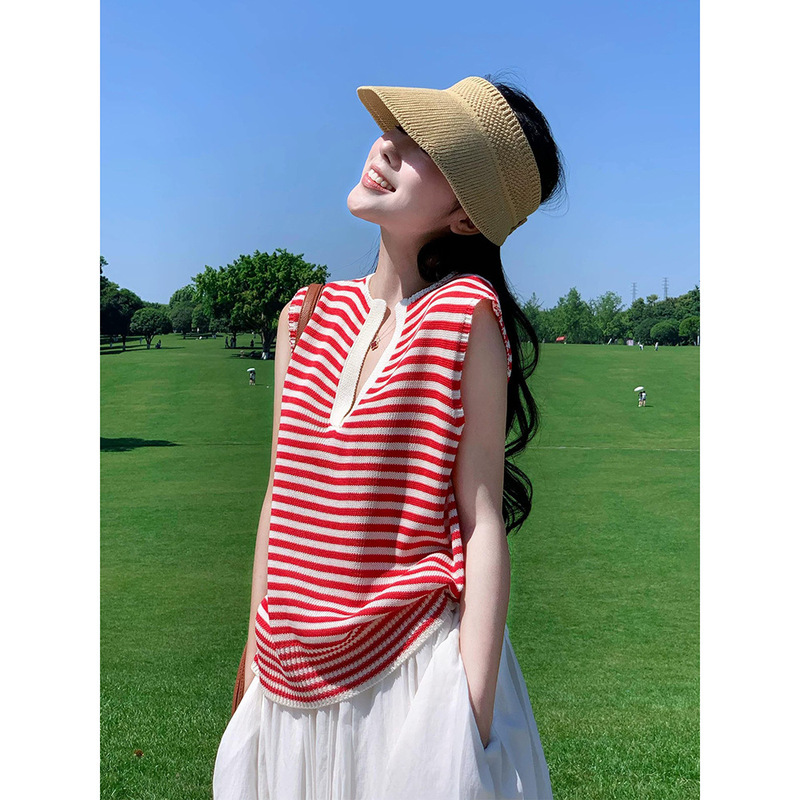 Korean-Style Red Striped V-Neck Sleeveless Ice Silk Knit Top for Women, Summer Design with a Very Attractive Look