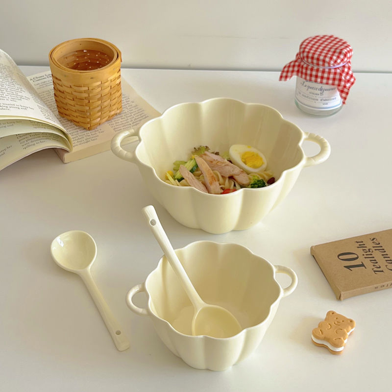 高顔値乳黄色両耳大スープ碗スプーン風陶磁器家庭用サラダ泡麺碗かわいいカボチャ碗|undefined