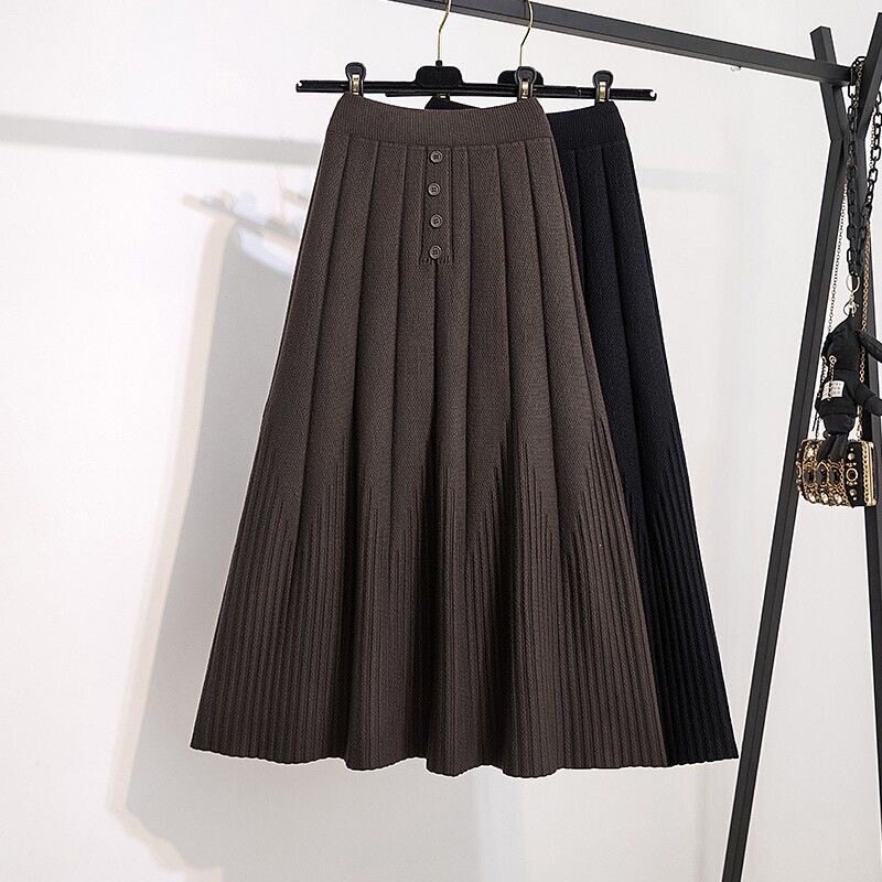 Women's black knitted skirt, new winter style, plus size, slimming, tummy-concealing, A-line pleated midi skirt Women's black knitted skirt, new winter style, plus size, slimming, tummy-concealing, A-line pleated midi skirt