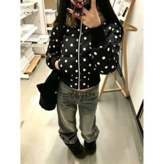 美式波点毛领短款连帽羽绒棉服男女冬季休闲百搭保暖外套白色