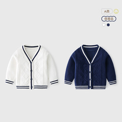 Thick Pure Cotton Baby Sweater Category A Solid Color Knitted Children's Cardigan Spring and Autumn College Style V-Neck Baby Cardigan