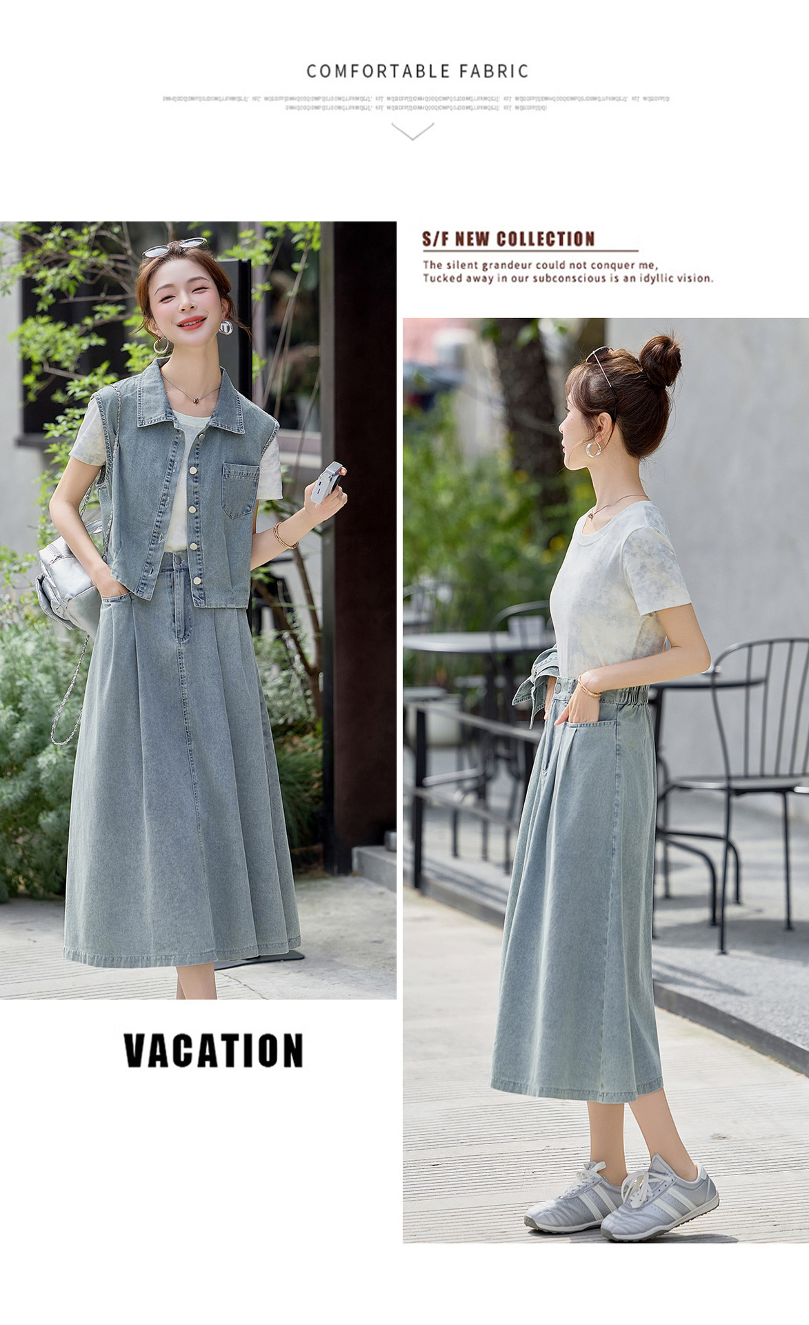 Bộ ba món thời trang nữ hè 2026: áo thun + áo khoác vest denim + chân váy midi — màu xanh nhạt, màu xanh đậm chi tiết 19