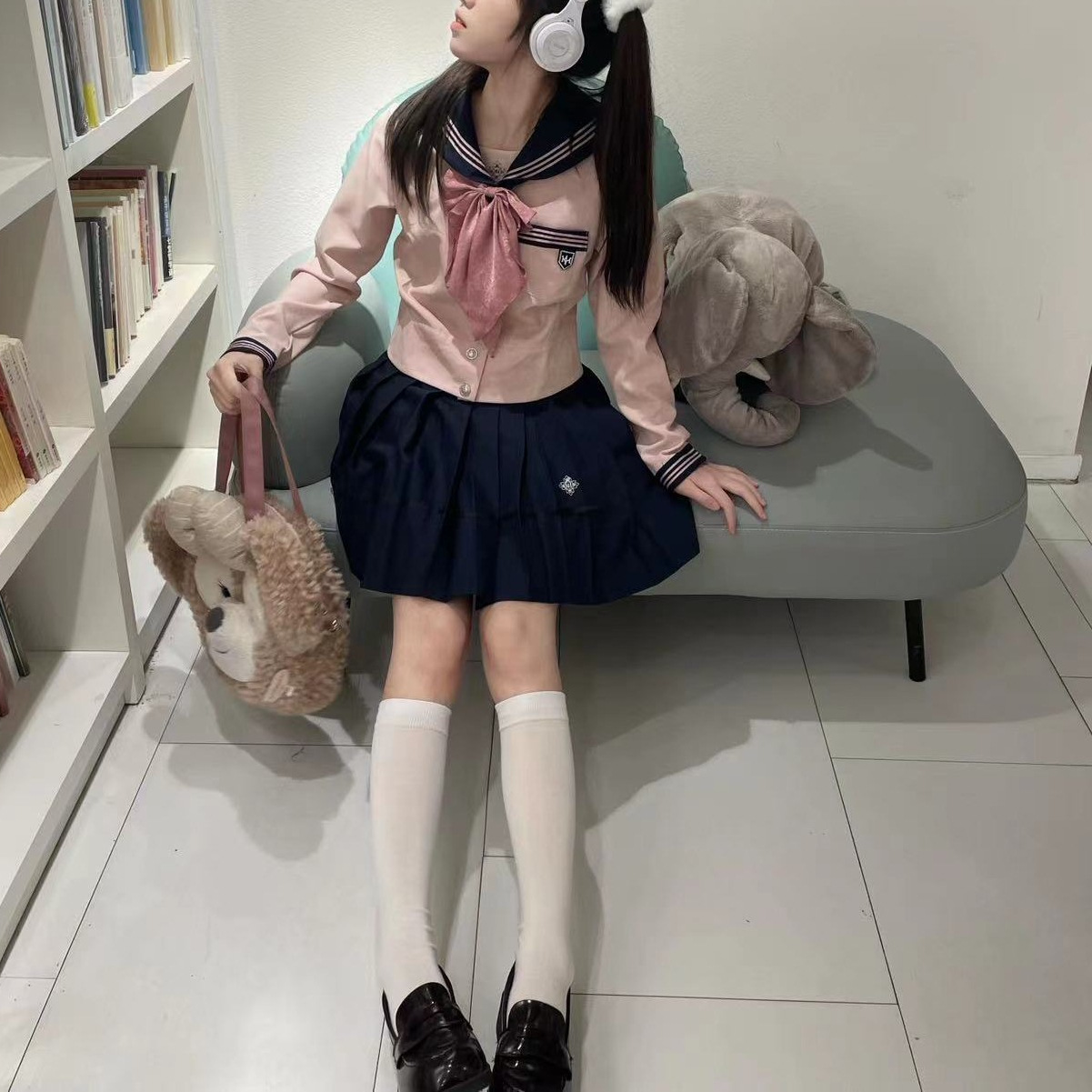 대학 스타일 세트 해군 칼라 활 우아한 달콤한 셔츠 여자의 JK 유니폼 높은 허리 주름 치마 투피스 세트