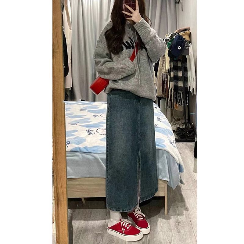 High Waist Split Denim Skirt Women's 2025 New Spring and Autumn Small A- Line Skirt Retro Hip Dress