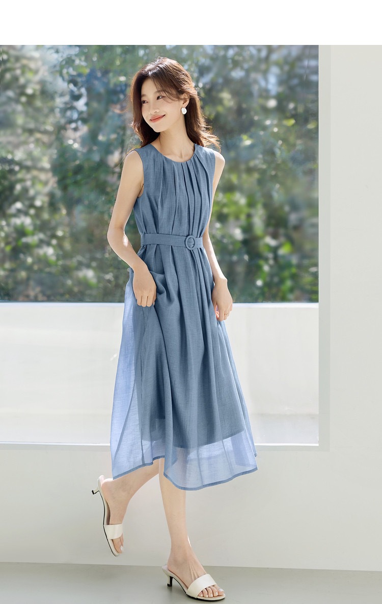 Váy đầm nữ cổ tròn eo thắt dáng chữ A phong cách công sở — Màu xanh da trời chi tiết 2