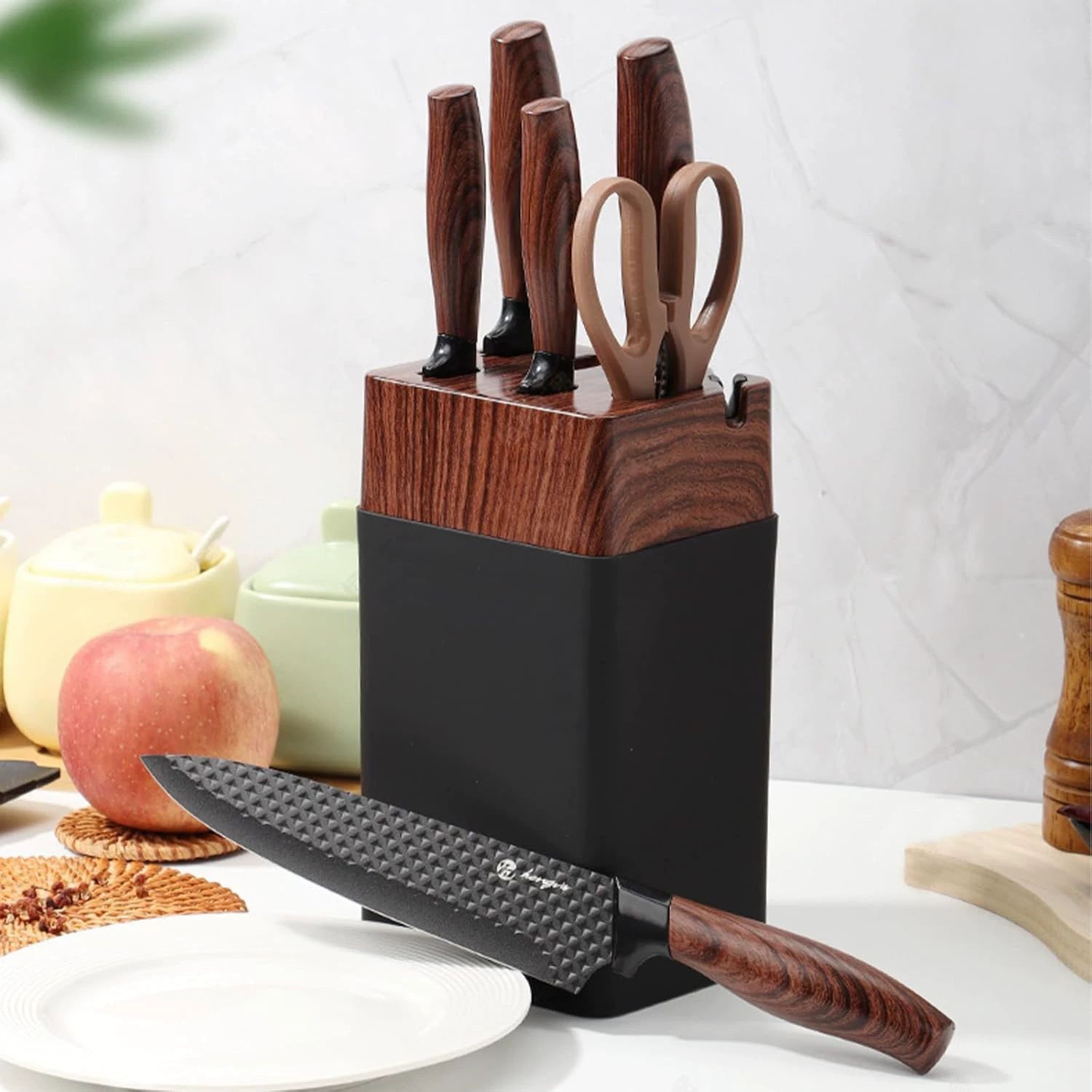 Cuchillo de cocina de acero inoxidable transfronterizo recubierto de madera cuchillo de cocina doméstico de siete piezas conjunto de cuchillos de verduras antiadherentes