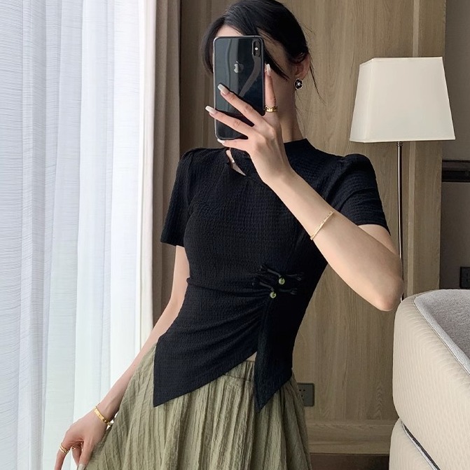 跨境工厂镂空国风短袖T恤女装夏季复古显瘦上衣国潮抖音淘宝中式