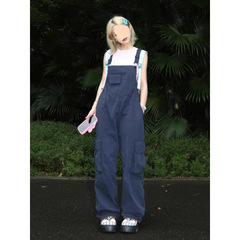 アメリカのレトロな工装の背もたれのズボンの女性の夏の新型のハイウエストのゆったりしている広足はやせているカジュアルなストレートのズボンを現します。