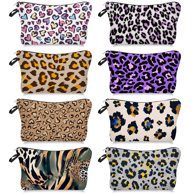 新款跨境豹纹3D数码印花洗漱包手拿包时尚高级化妆品收纳包化妆包