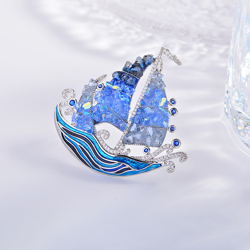 New Smooth Sailing Sailing Brooch, High-End Light Luxury Crystal Corsage Brooch, Enamel Colorful Clothing Accessories Wholesale