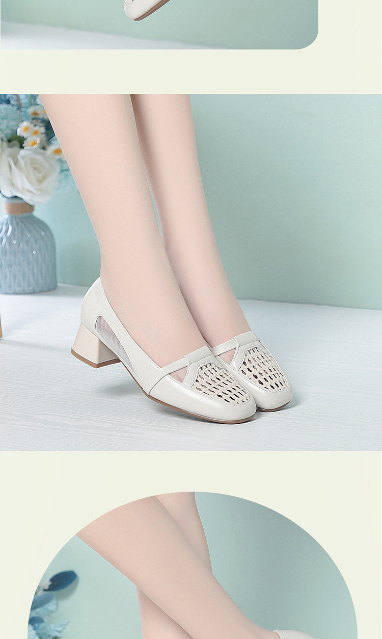 Giày sandal nữ da thật đan lưới gót thấp mũi nhọn thoáng khí — màu be chi tiết 14