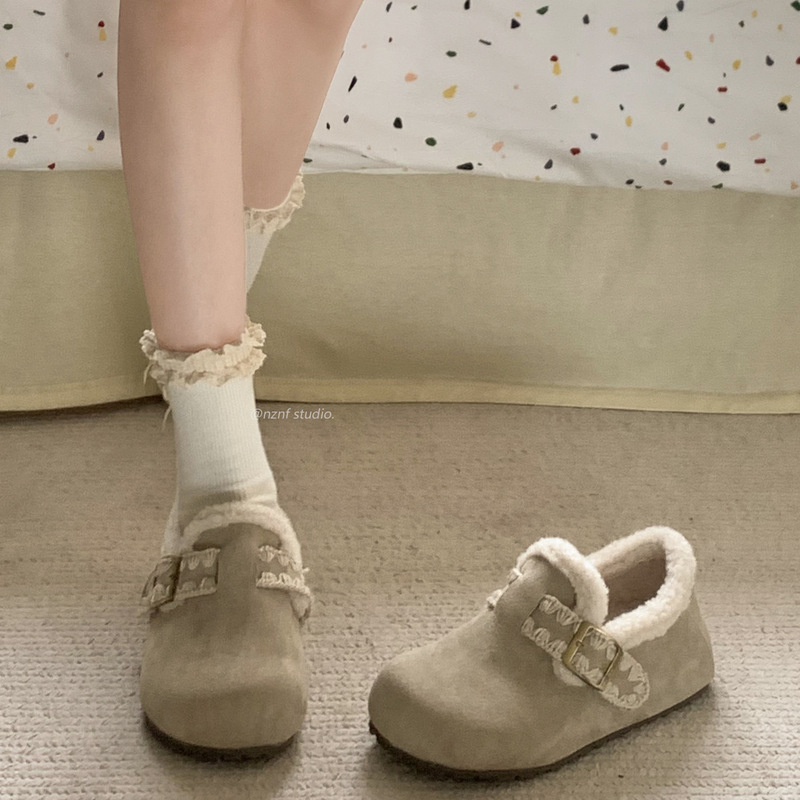 女王范加绒加厚保暖平底棉鞋女2025新款冬季复古一脚蹬勃肯鞋子|undefined
