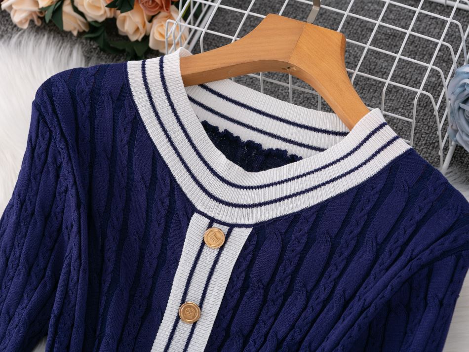 Slim Fit Knit Dress With Striped Pattern, Elegant High Waist Sweater Dress For Women, Casual Office Wear, Long Sleeve Round Neck Pullover Dress_ecoleips.com