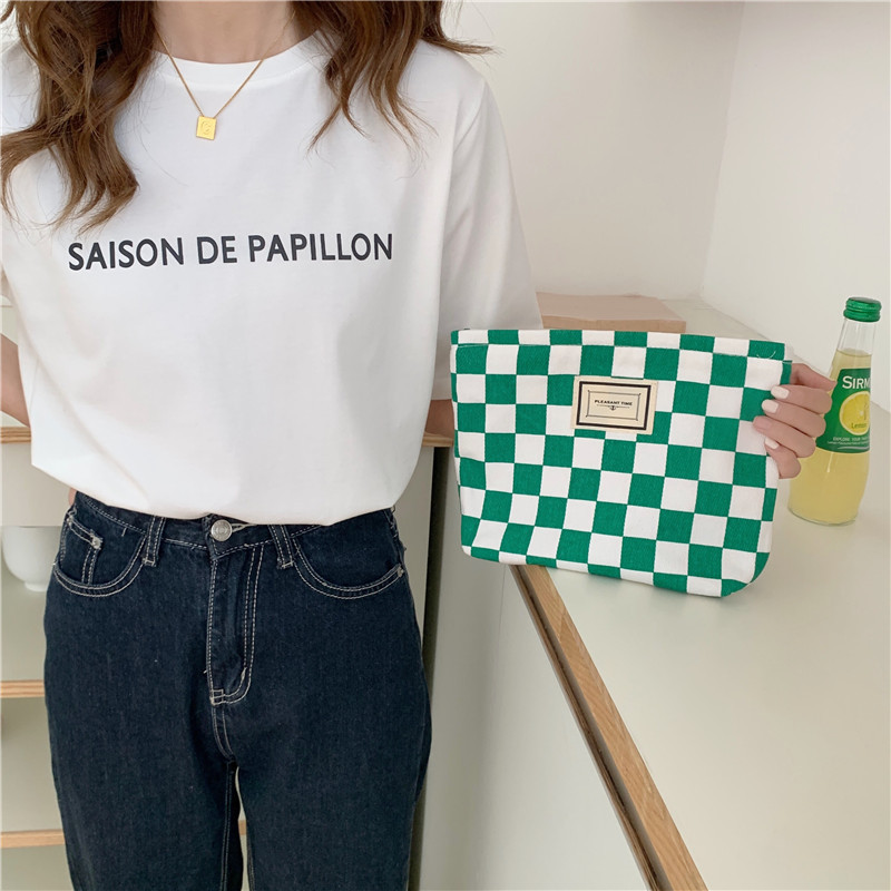 【 In Stock 】18181 checkerboard green checkered canvas bag, school-style commuter single-shoulder bag, retro hand-held tote bag undefined