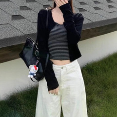 休闲简约风条纹吊带背心套装女秋季款气质长袖开衫短款外套两件套