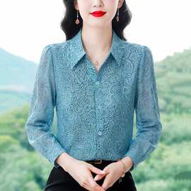 时尚翻领长袖衬衫女士秋季新款印花小衫洋气减龄通勤上衣