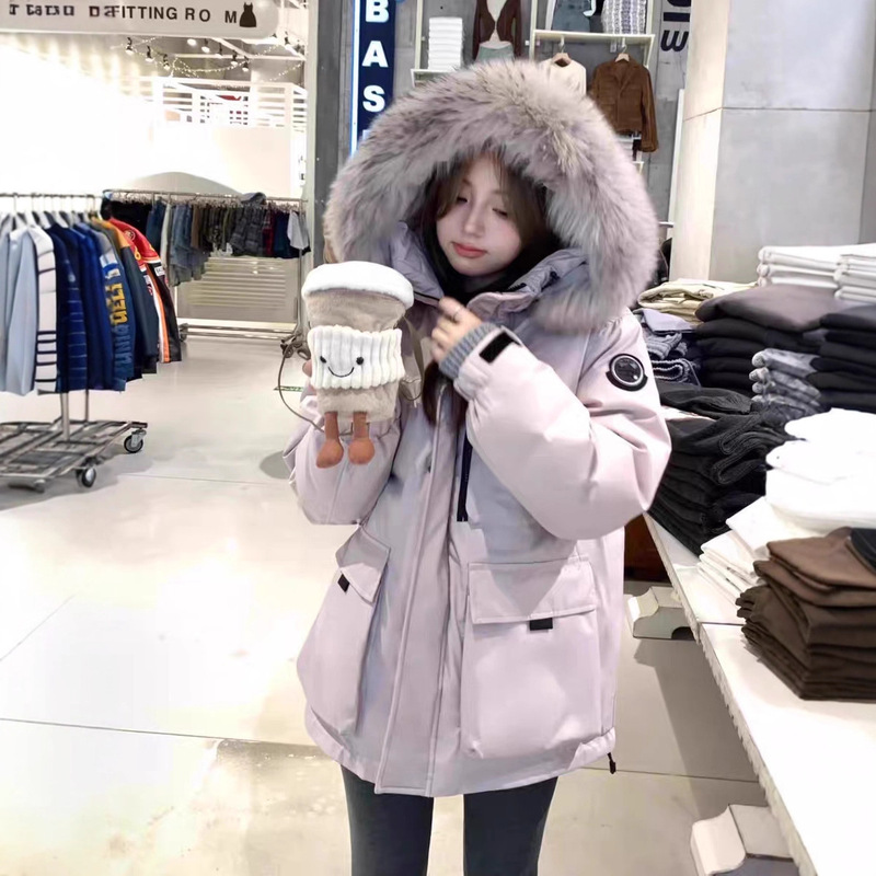 Ice Crystal Purple Workwear Parka with Large Fur Collar down Jacket for Women 2025 Winter New Loose Thickened White Duck down Coat Ice Crystal Purple Workwear Parka with Large Fur Collar down Jacket for Women 2025 Winter New Loose Thickened White Duck down Coat