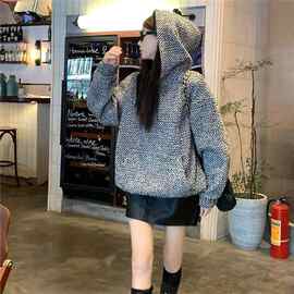 大码女装香风连帽加厚卫衣冬季新款mm遮肉粗花呢宽松上衣