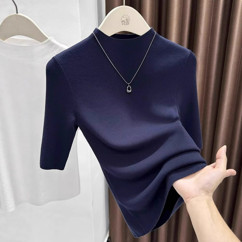 Unique and Beautiful Navy Blue Thin Knitted T-Shirt for Women 2025 New Style Right Shoulder Tight Elegant Waist Top for Women Autumn
